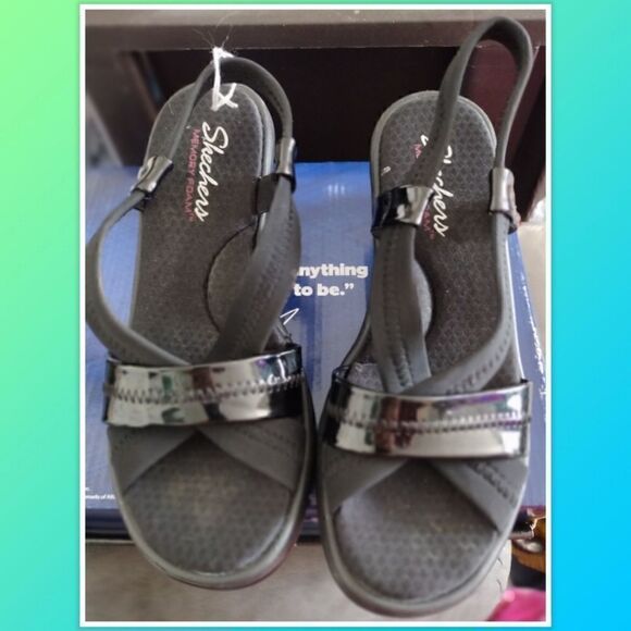 Skechers Womens Black Wedge Heel Slingback Open Toe Slip On Sandals Size 9 - Picture 1 of 5